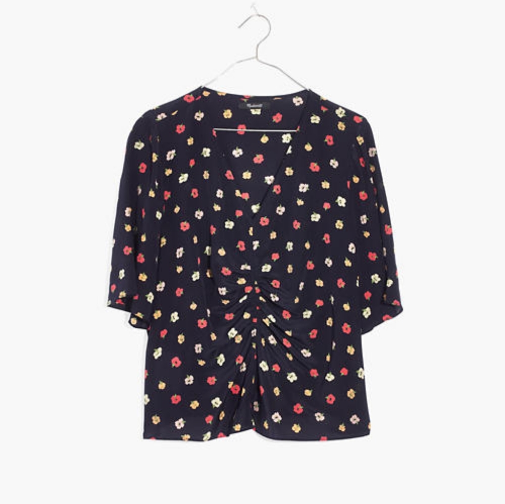 Shirred front silk top in confetti floral